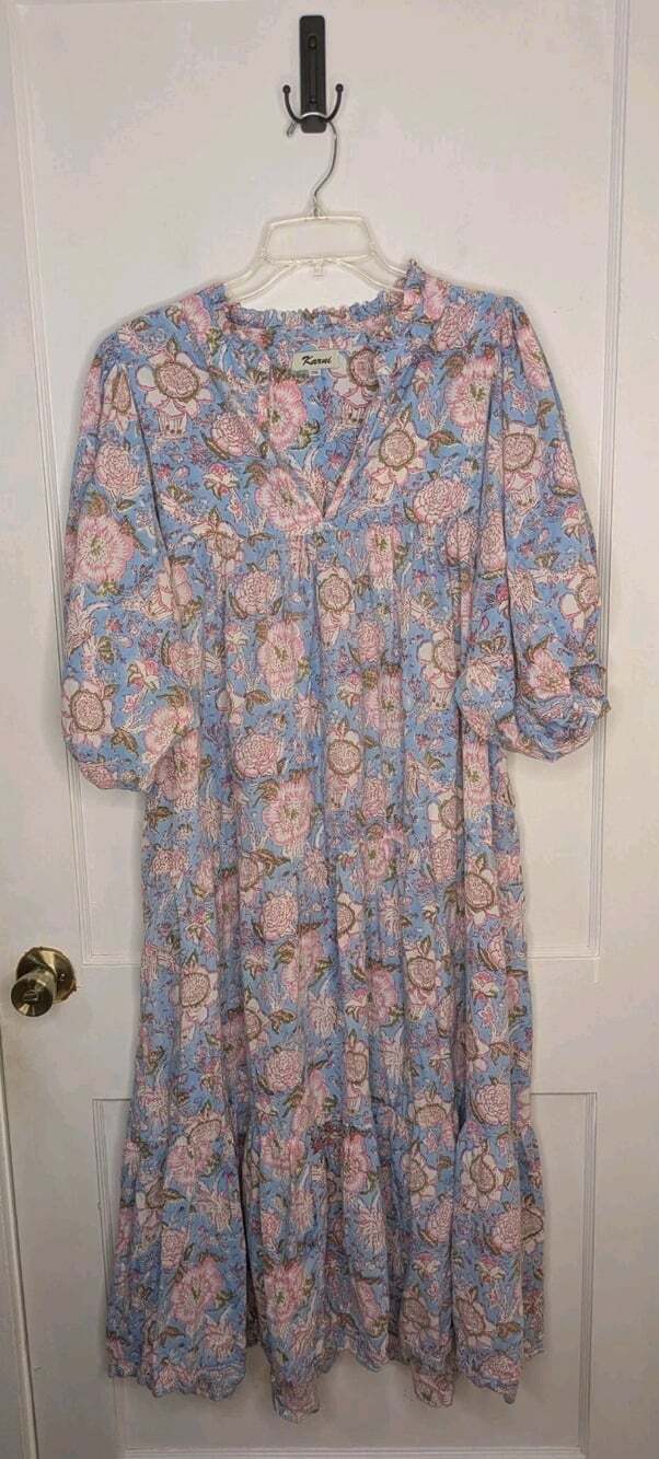 Size 3XL (Measures XL) Karni Indian Blockprint 100% Cotton Maxi Dress Blue Pink
